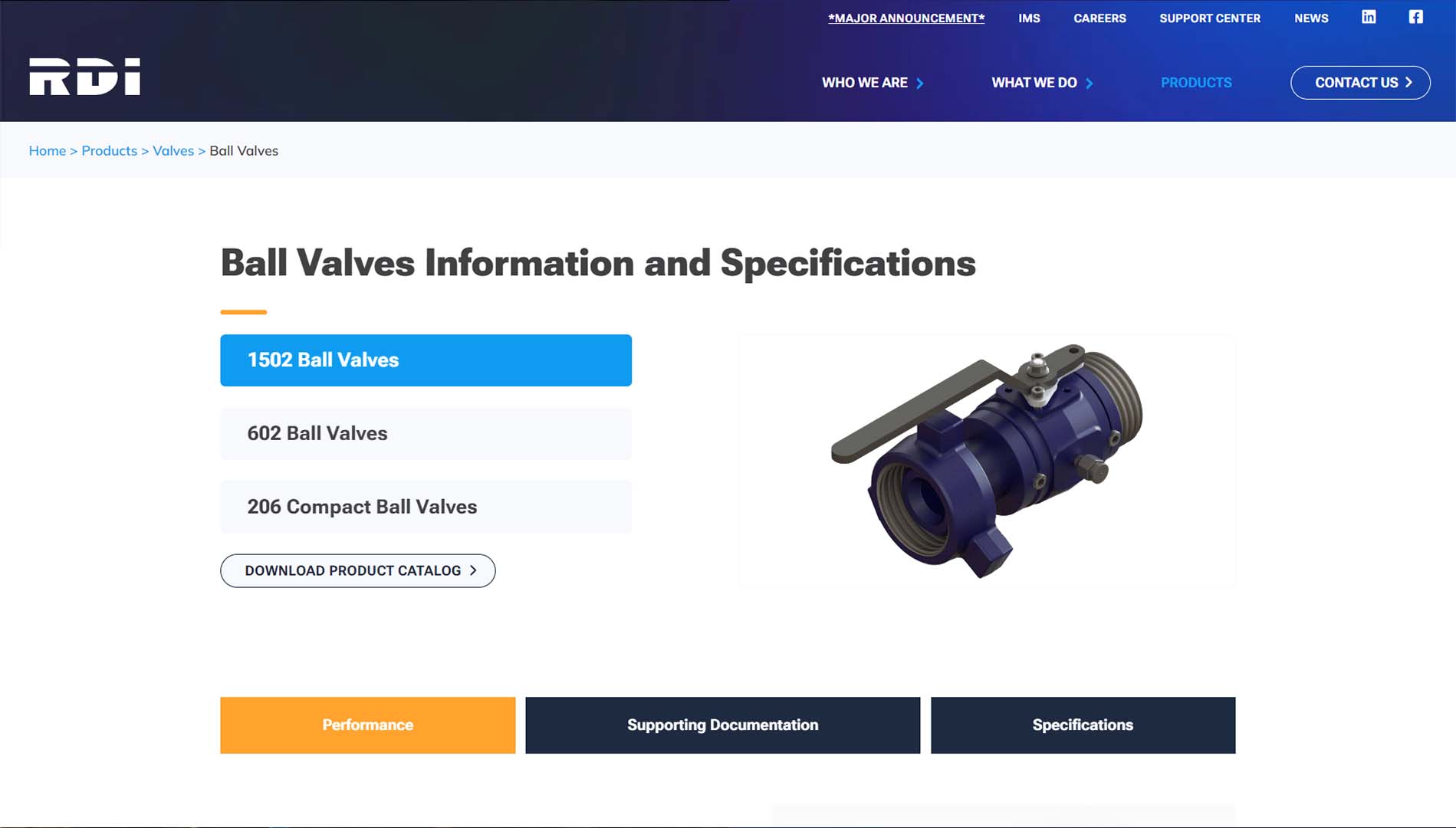 Web page from RDI showcasing a selection of ball valves with options for 1502, 602, and 206 compact ball valves, alongside a 3D rendered image of a blue ball valve, highlighting the download option for the product catalog and navigation tabs for performance, support, and specifications