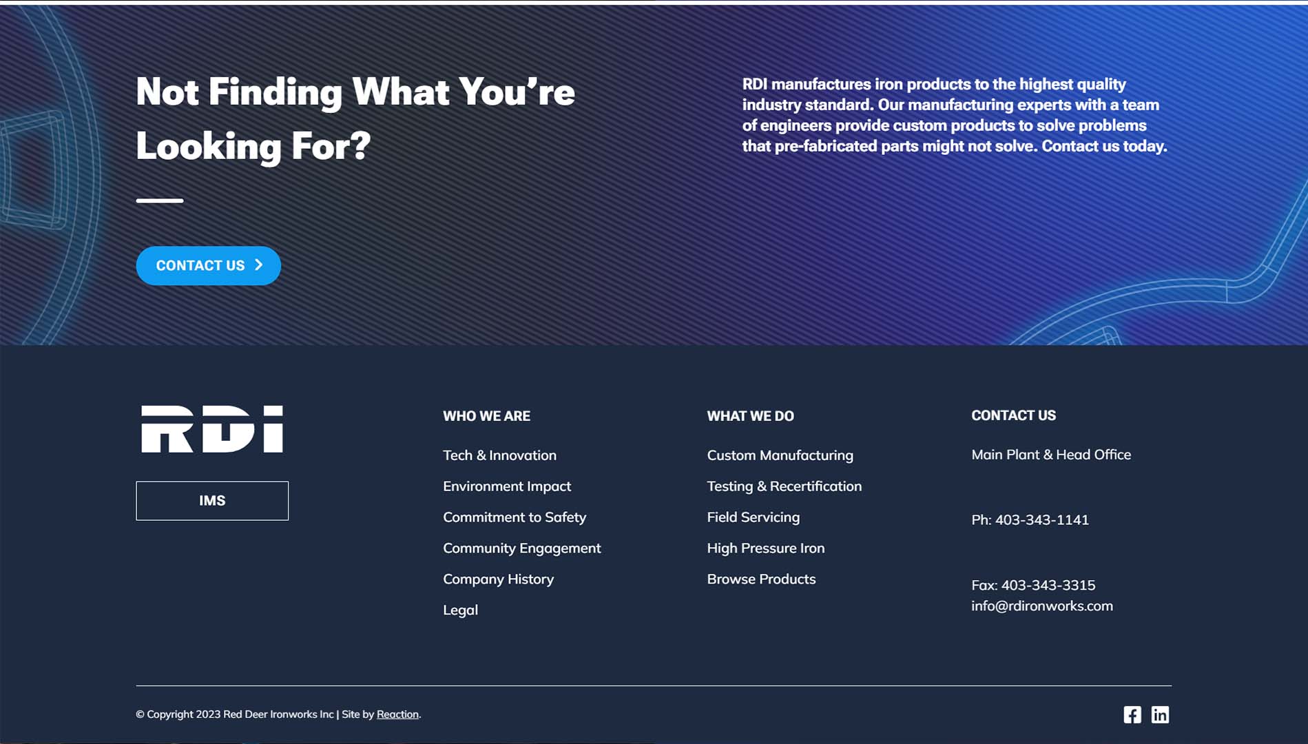 Footer section of the RDI website with a call-to-action 'Not Finding What You're Looking For?' encouraging contact, overlaid on a dark blue background with wireframe graphics, alongside contact information, company sections, and social media links, emphasizing customer support and accessibility.
