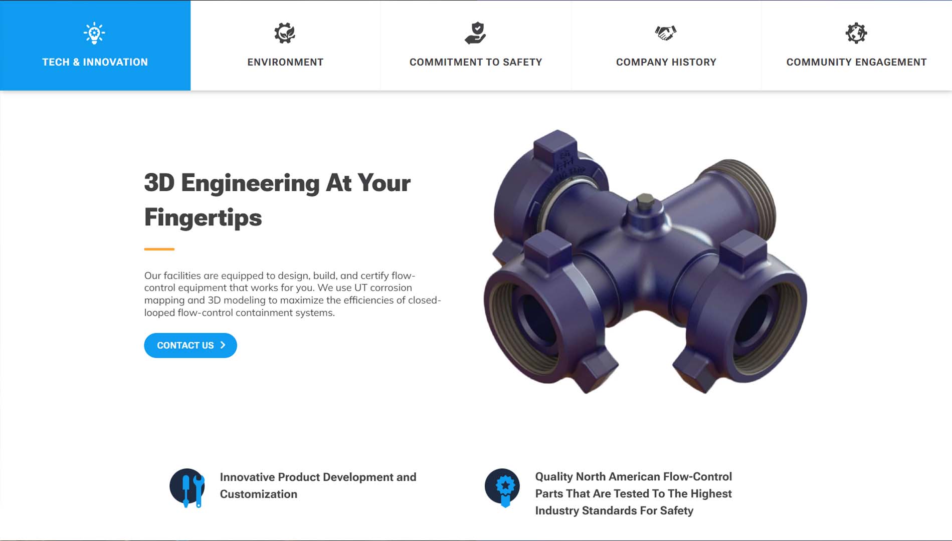 Web page section from RDI highlighting '3D Engineering At Your Fingertips' with a high-quality 3D rendering of a blue ball valve, emphasizing their technical innovation in flow-control equipment design, alongside navigation icons for tech & innovation, environment, safety, company history, and community engagement.