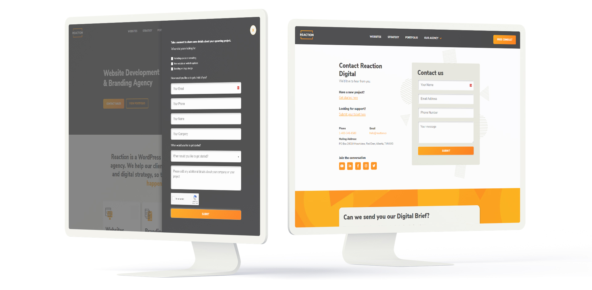 Dual-screen presentation of Reaction Digital's website pages, with the left screen displaying the homepage featuring 'Website Development & Branding Agency' services and contact options, and the right screen showing a 'Contact us' form, company contact details, social media links, and an invitation to receive a digital brief.