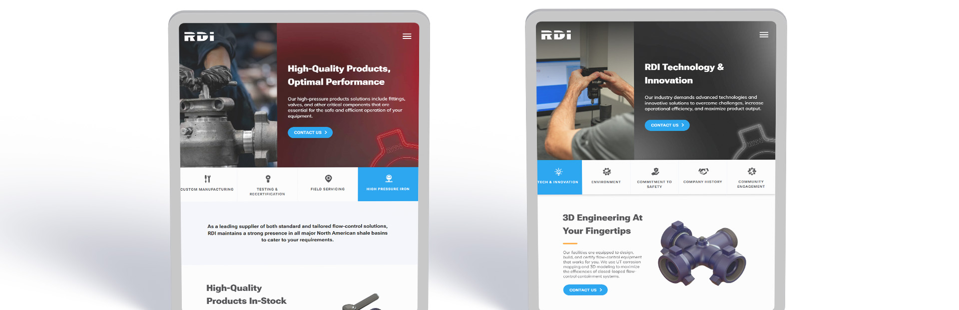 Two tablets displaying RDI's updated website pages with a focus on high-quality products for optimal performance and technology innovation, featuring images of industrial valve assembly and a technician calibrating equipment