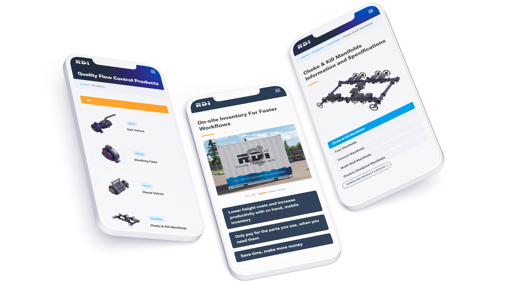 Mobile view of RDI website showcasing flow control products including ball valves, blanking caps, check valves, and choke & kill manifolds, highlighting on-site inventory and downloadable product catalog for efficient workflow optimization.
