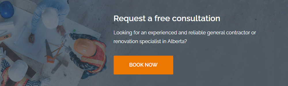 Top-down view of a work planning session with construction professionals in hard hats, with an orange 'BOOK NOW' button for a free consultation in Alberta for general contractor or renovation services.